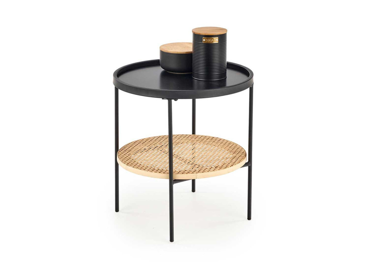 Table d'appoint ronde noir et rotin naturel