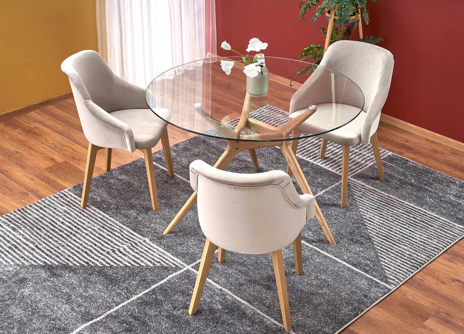 Table ronde en verre pied design en bois pour salle à manger