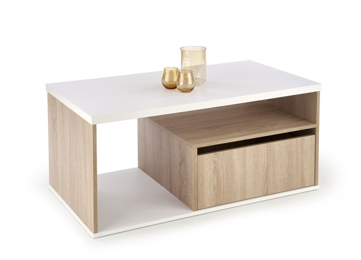 Table basse avec tiroir pas cher chêne Sonoma et blanche