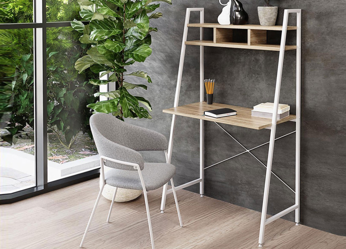 Bureau étagère pas cher blanc et bois pour bureau