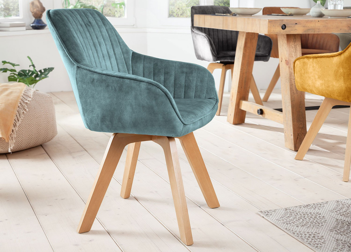 Chaises velours avec accoudoir Bleu lagon / Pieds bois massif