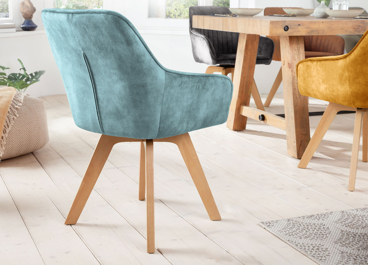 Chaises velours avec accoudoir Bleu lagon / Pieds bois massif