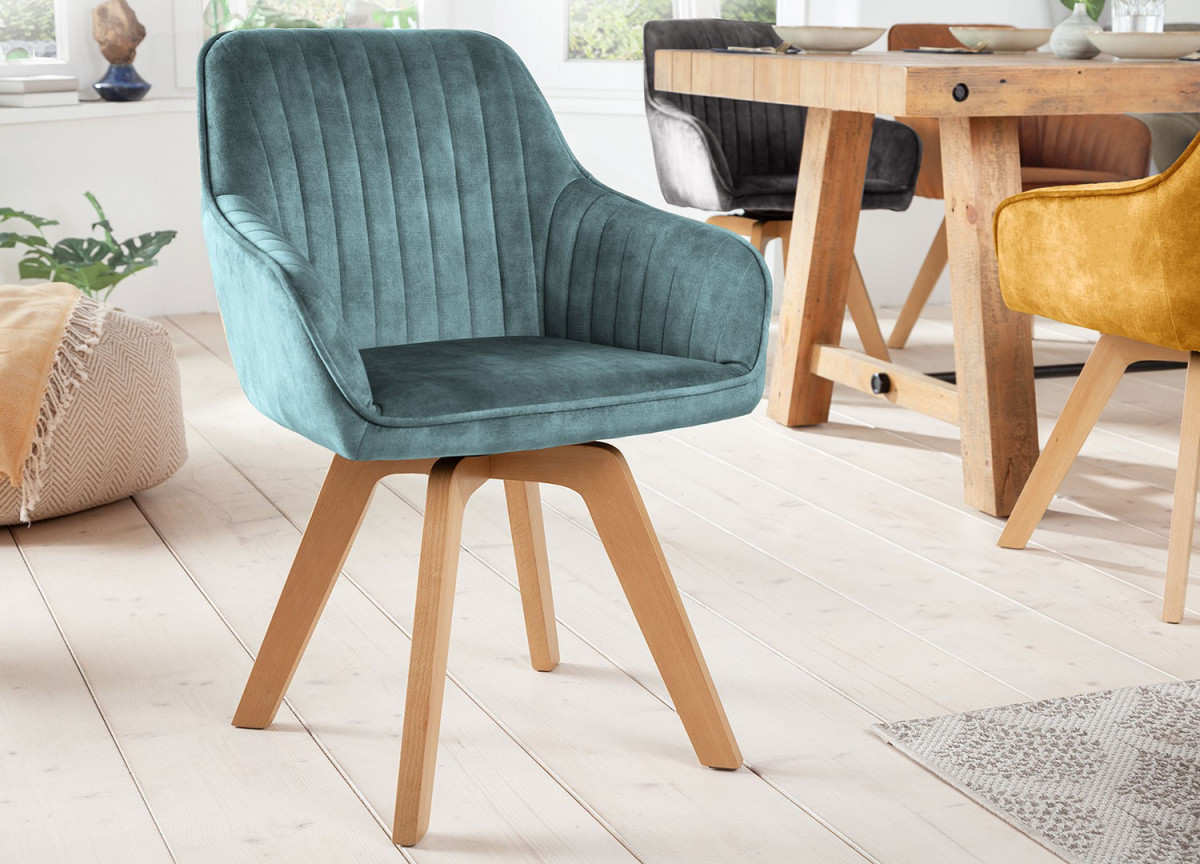 Chaises velours avec accoudoir Bleu lagon / Pieds bois massif