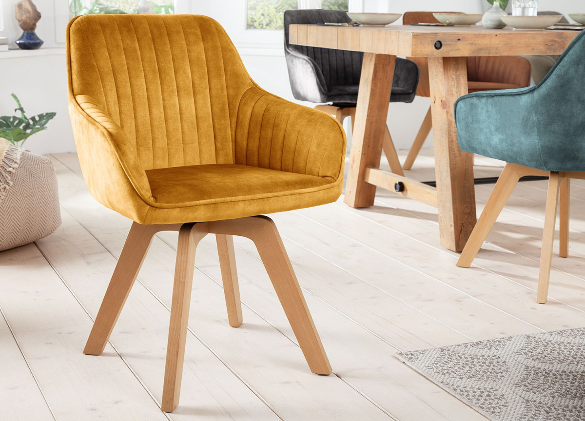 Chaise velours capitonnée Jaune / Pieds bois massif