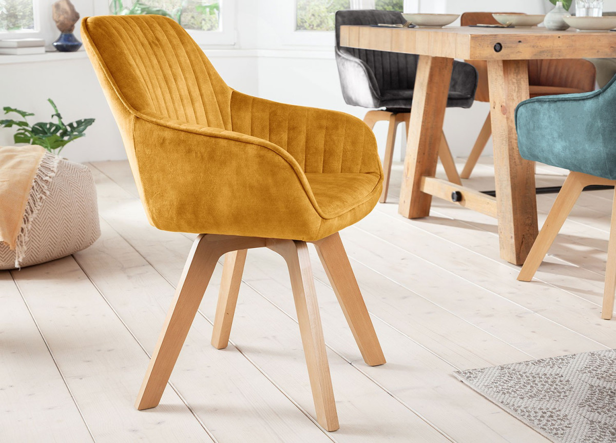 Chaise velours capitonnée Jaune / Pieds bois massif