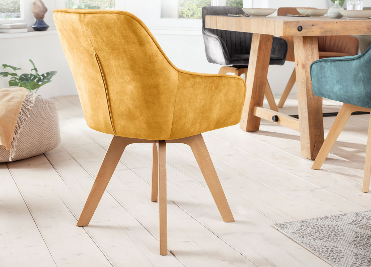 Chaise velours capitonnée Jaune / Pieds bois massif