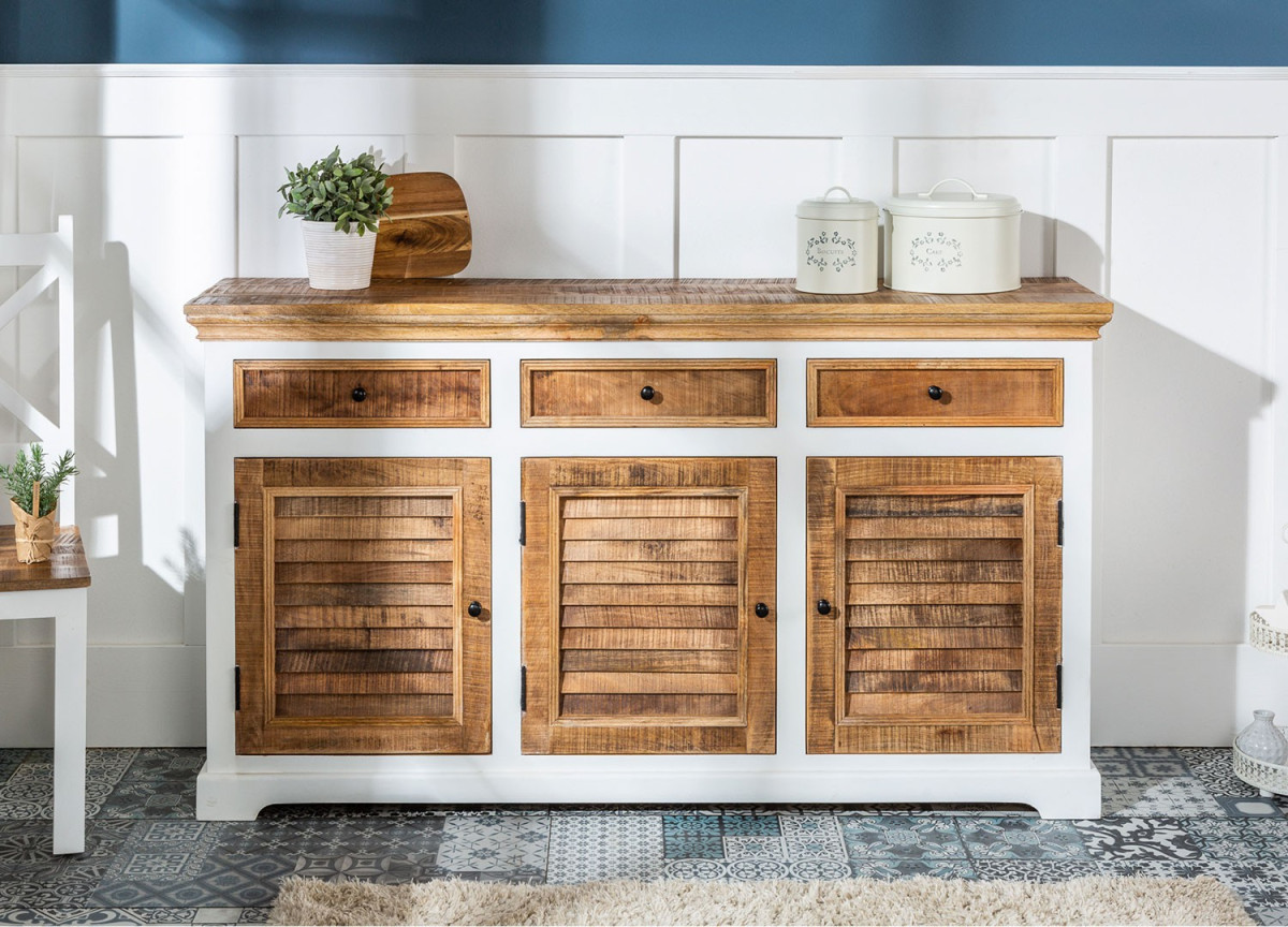 Meuble buffet style shabby chic bois massif de Manguier et Blanc