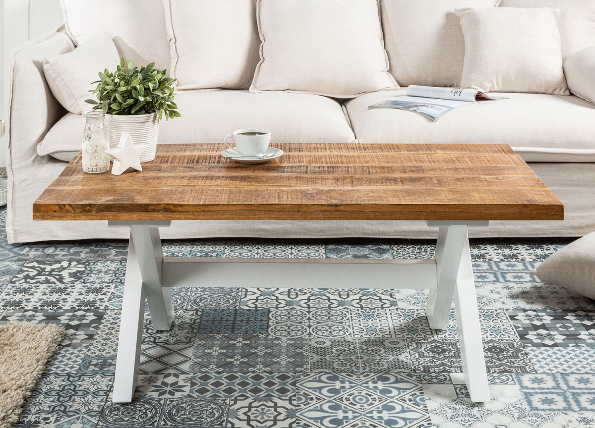 Table basse shabby chic bois de Manguier et Blanc
