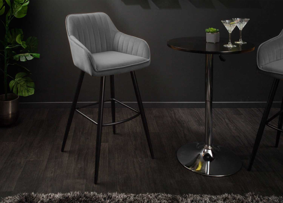 Chaise de bar haute en velours gris argent