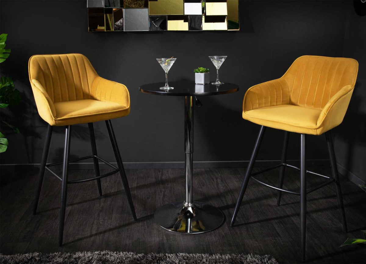 Tabouret de bar haut velours jaune moutarde
