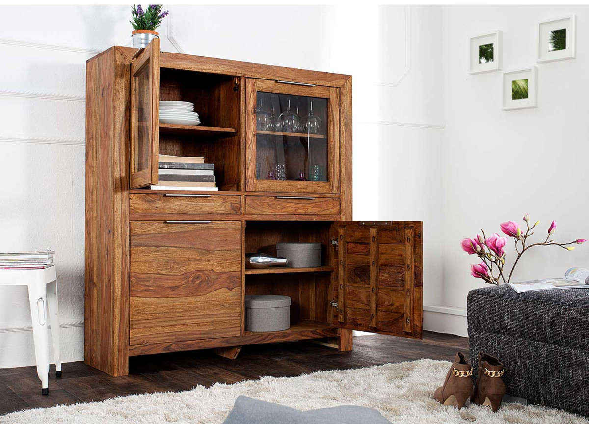 Buffet vaisselier vitré bois massif Sesham