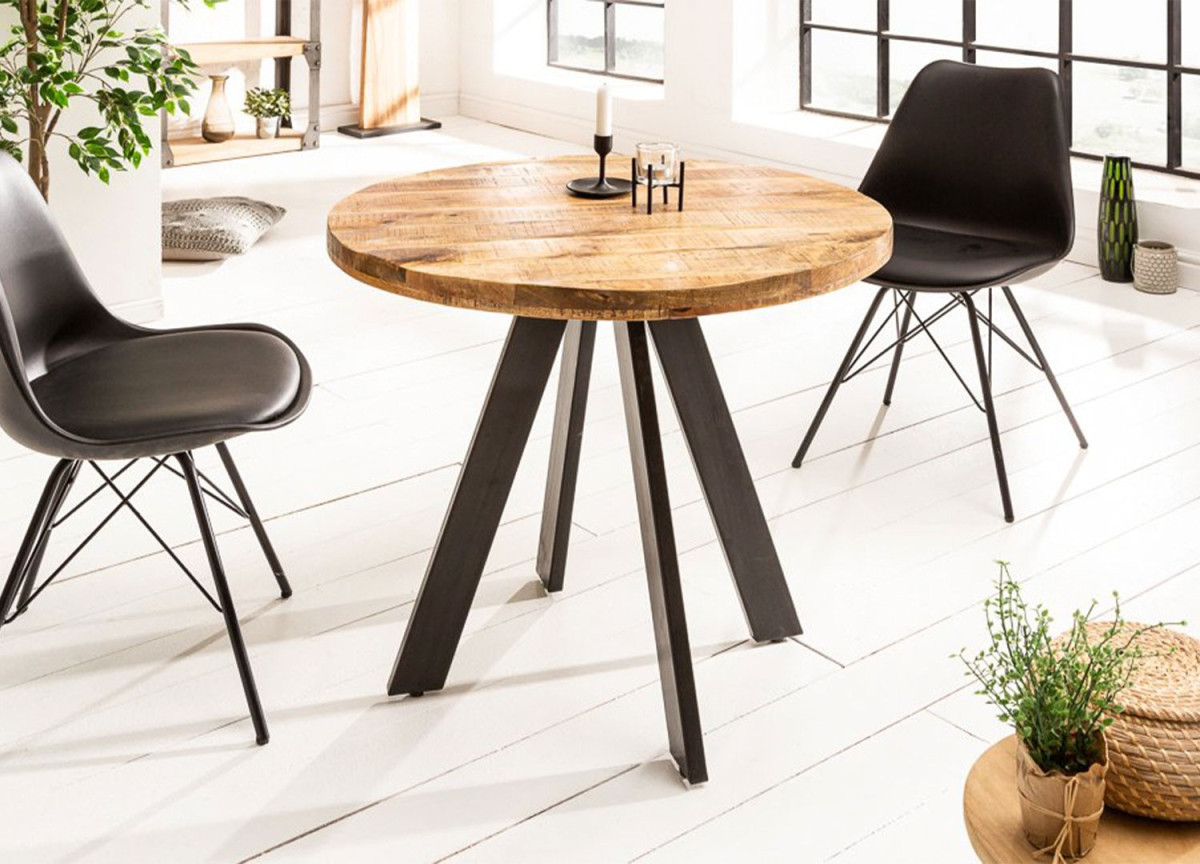 Petite table ronde en bois massif de manguier et pied métal