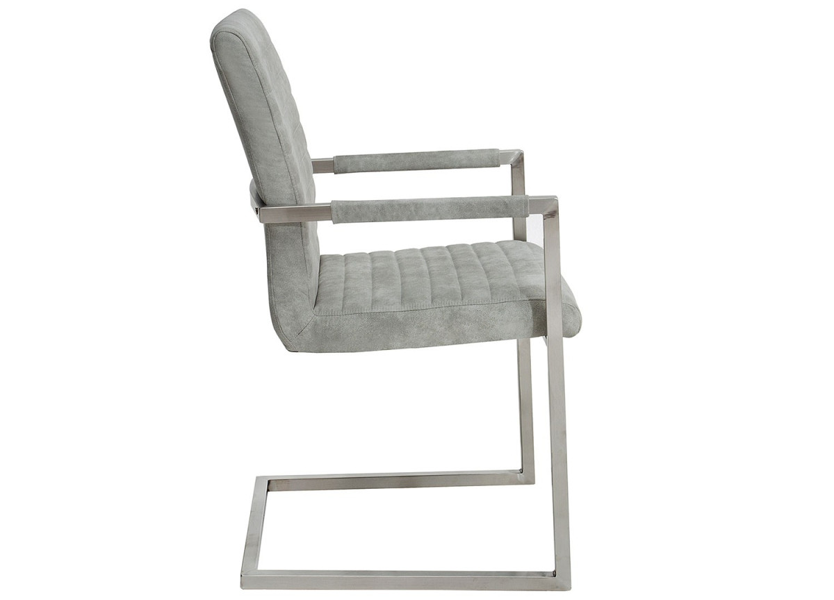 Chaise design tissu gris pierre avec accoudoirs et armature en acier