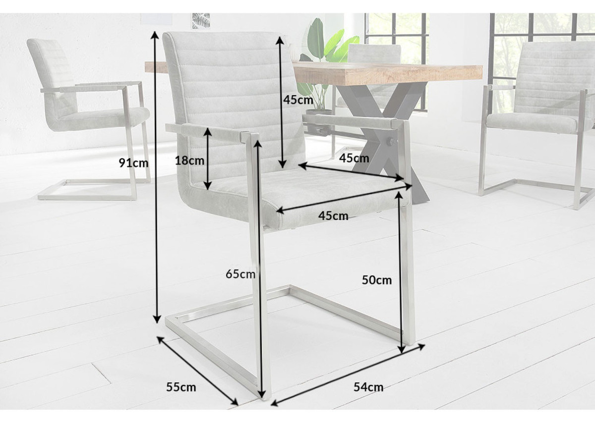 Chaise design tissu gris pierre avec accoudoirs et armature en acier