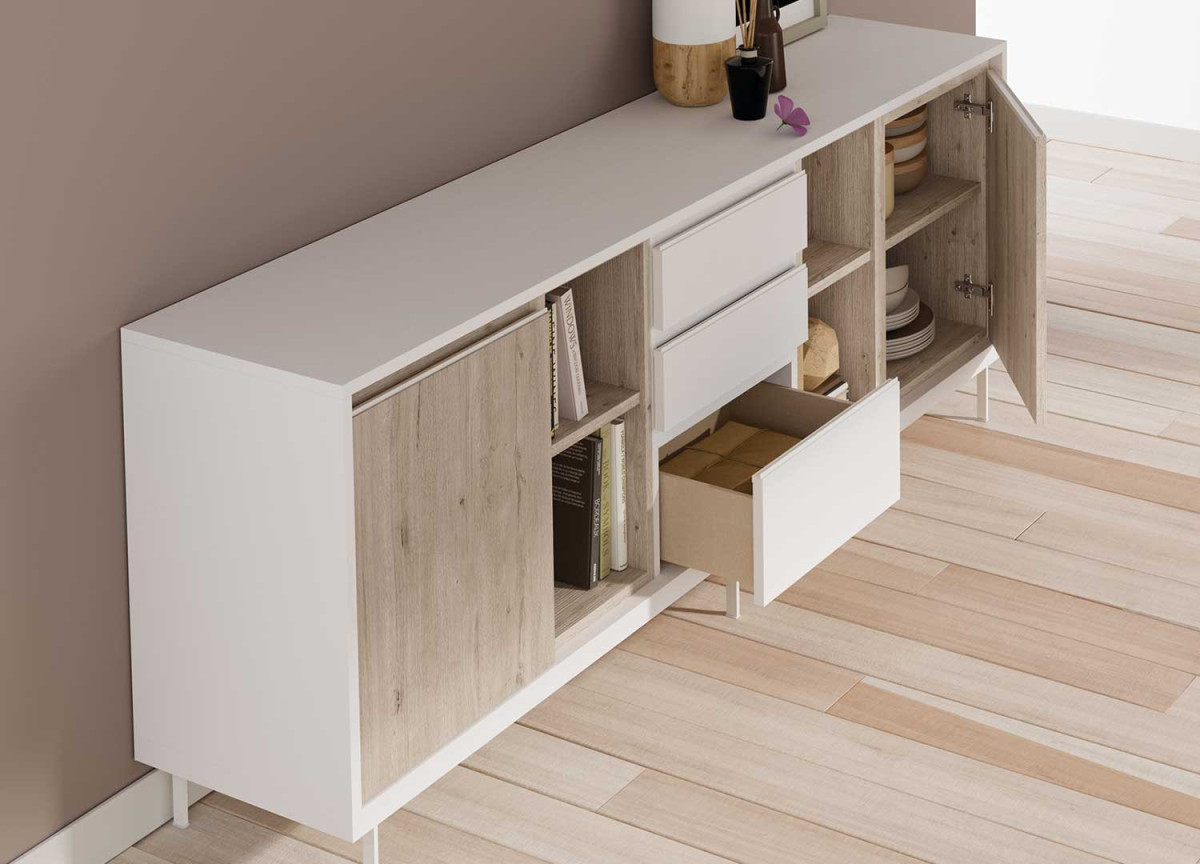 Buffet contemporain 200 cm blanc et chêne