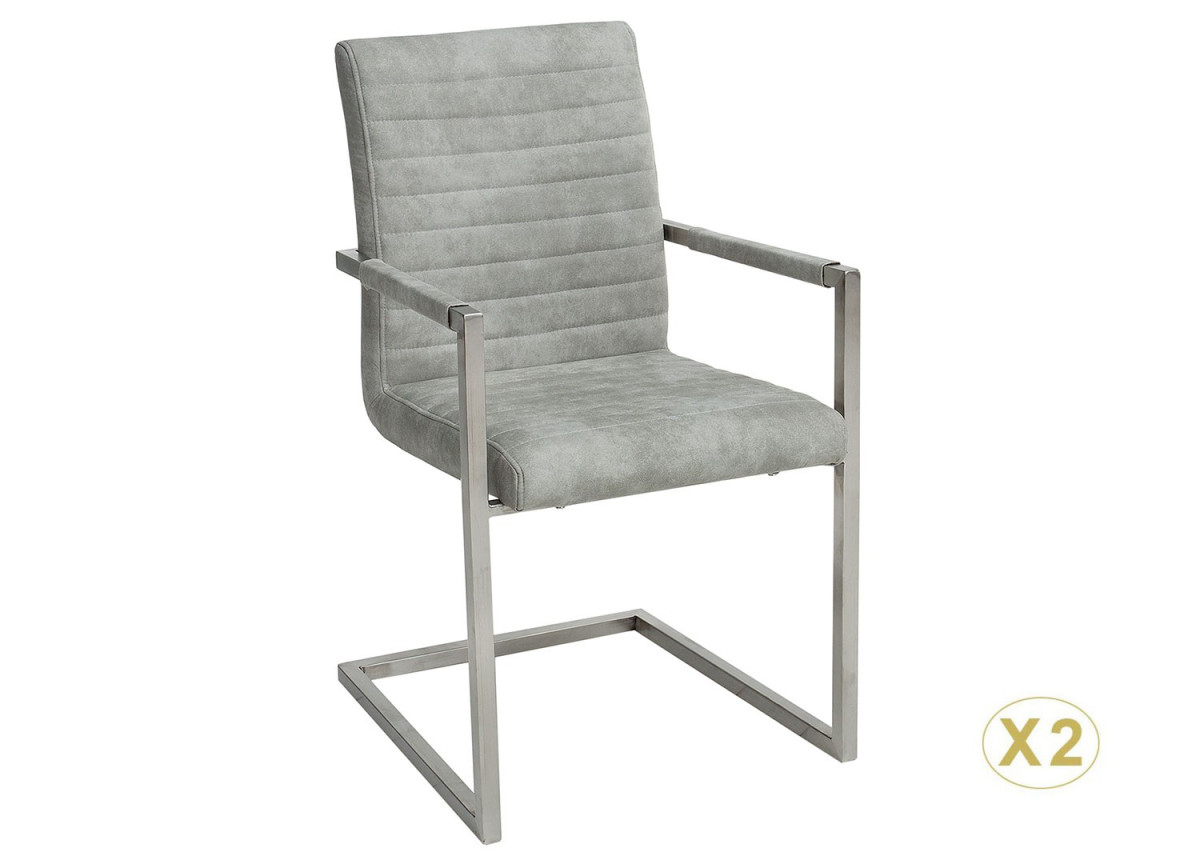 Chaise design tissu gris pierre avec accoudoirs et armature en acier