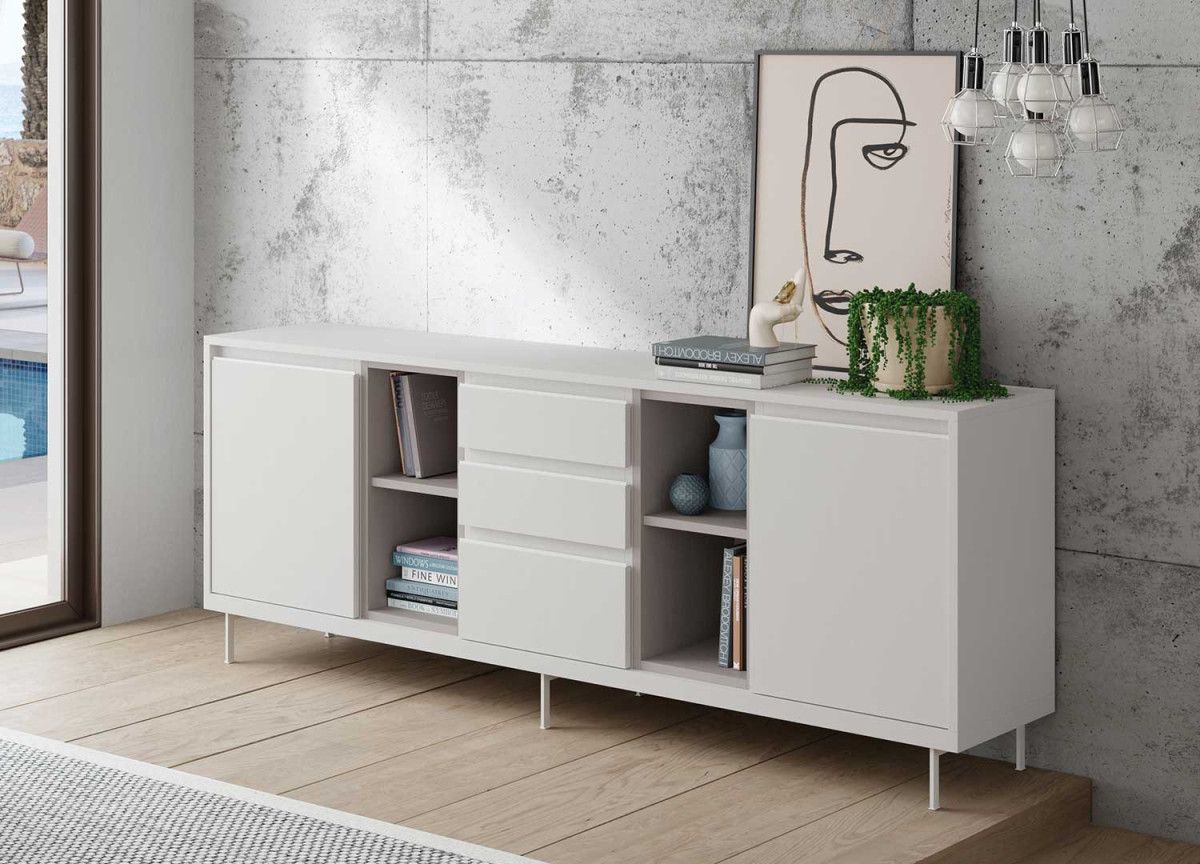 Buffet design 200 cm blanc et gris fumé