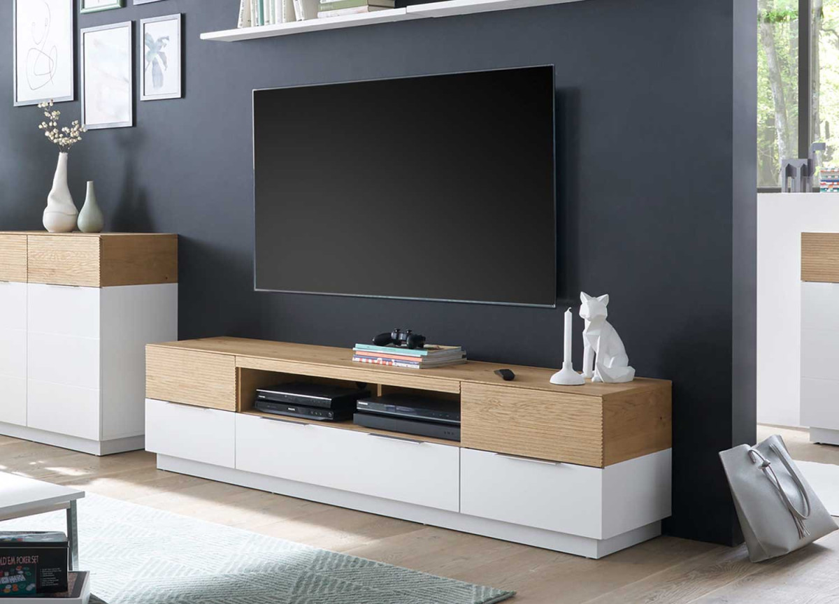 Meuble TV blanc et chêne strié 182 cm