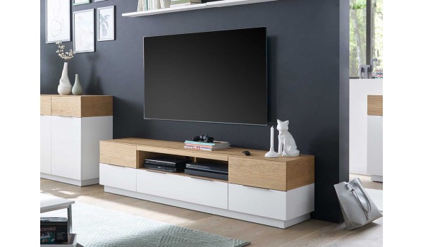 Meuble TV blanc et chêne strié 182 cm