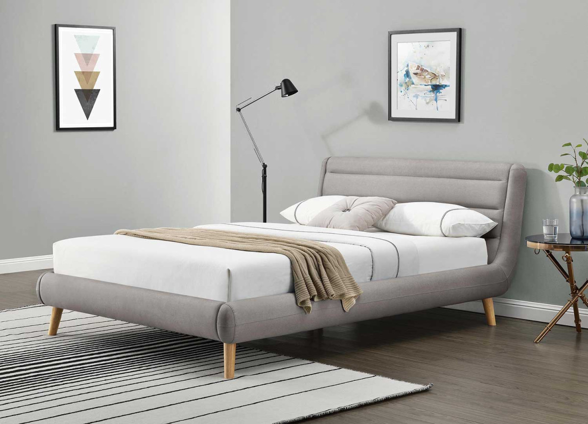 Lit 140 ou 160 capitonné en tissu gris clair