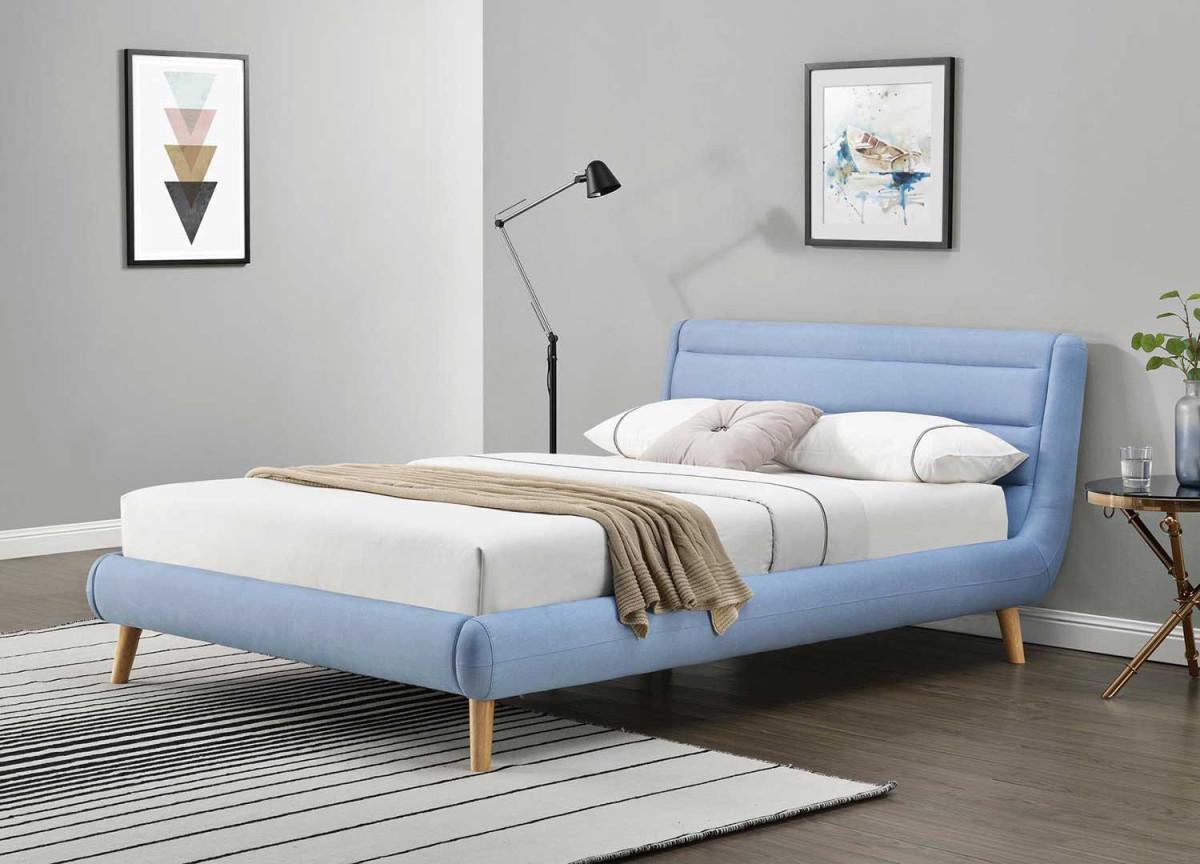 Lit 140 ou 160 capitonné en tissu bleu ciel