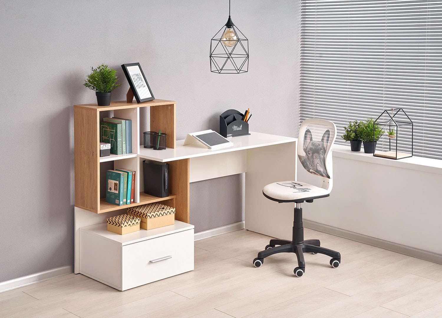 Ensemble bureau et rangement blanc et bois pour bureau