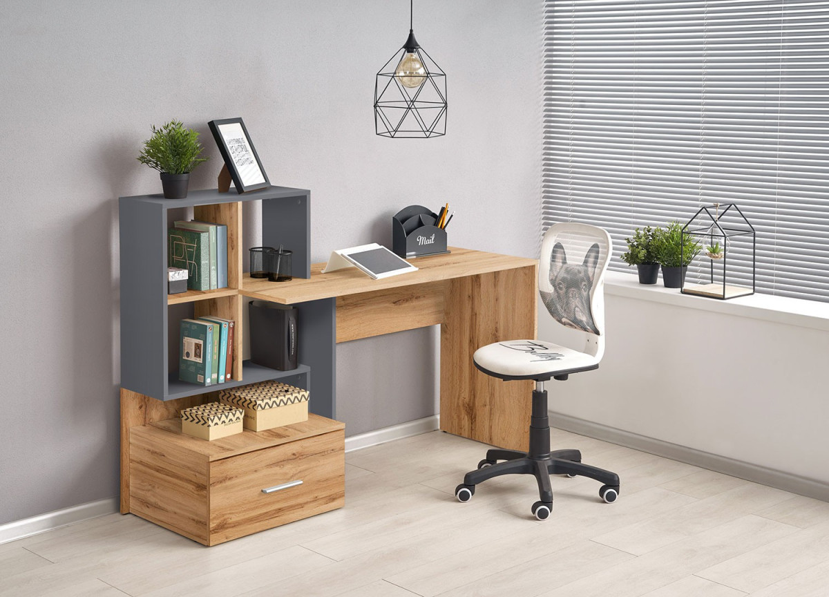 Ensemble bureau et rangement gris et bois