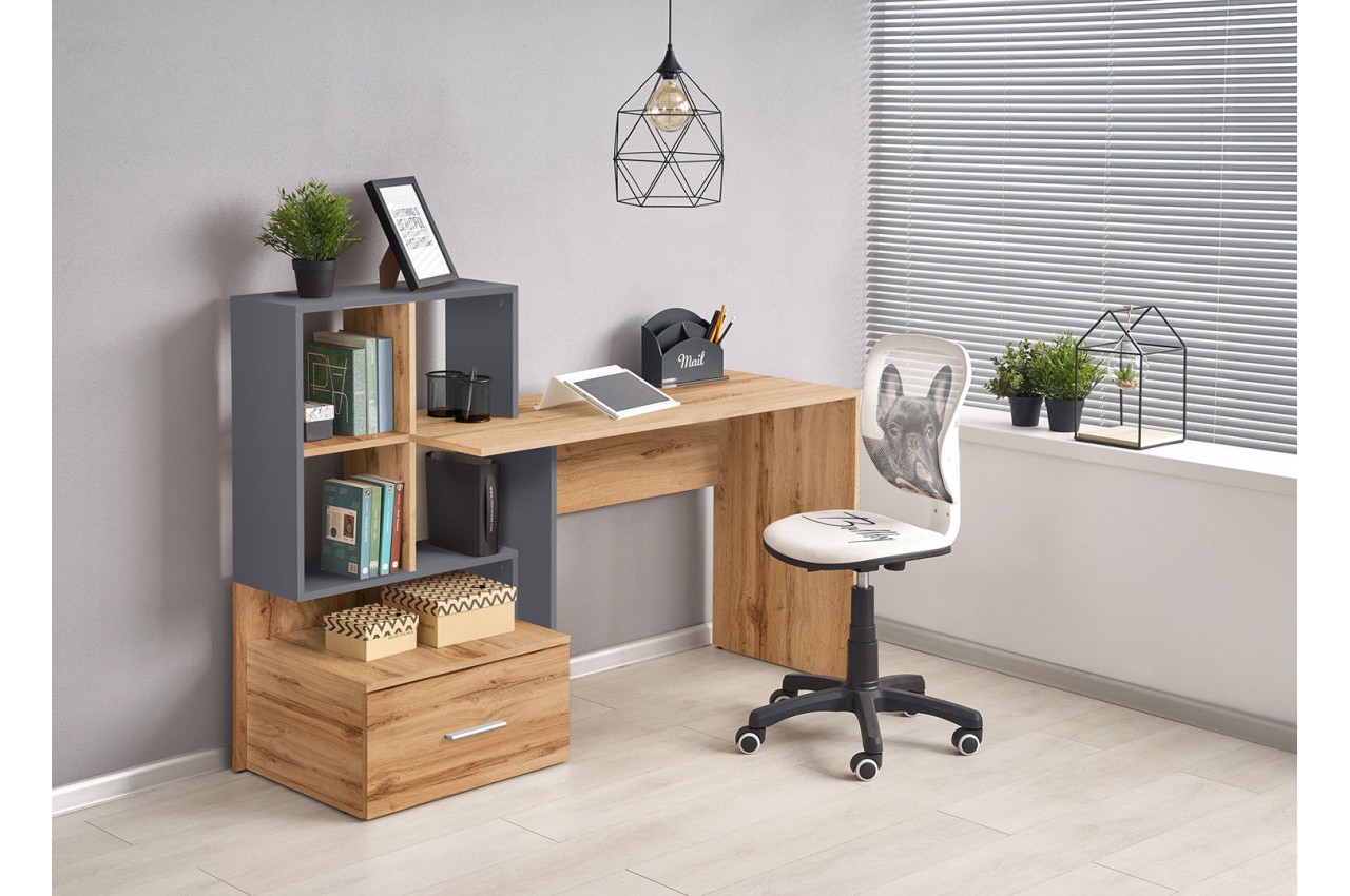 Ensemble bureau et rangement gris et bois pour bureau