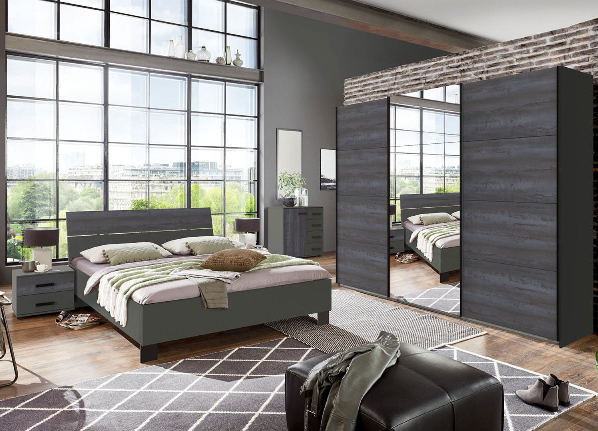 Armoire miroir coulissantes 3 portes / Lit et 2 chevets