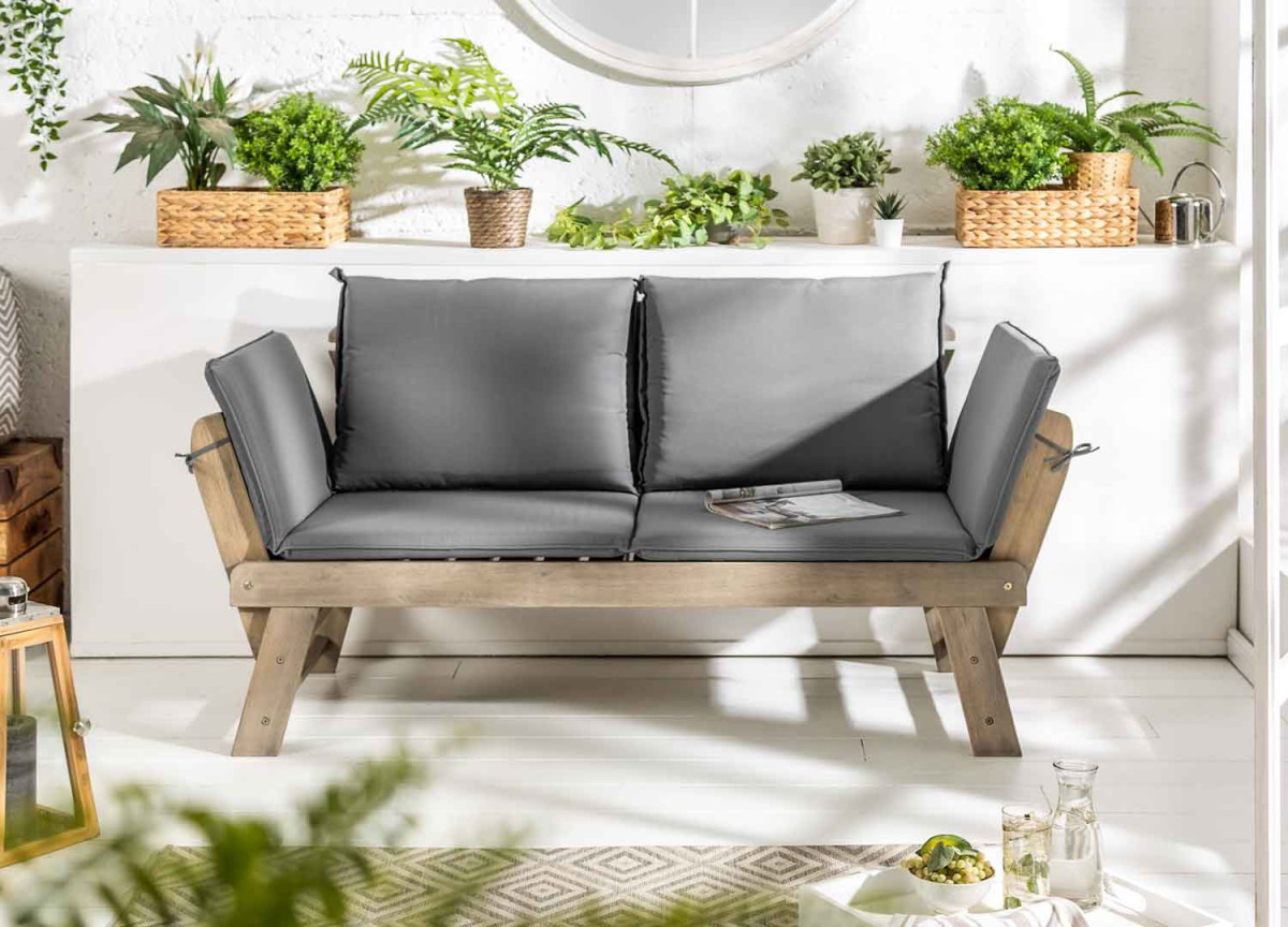 Banc de jardin en bois acacia grisé avec coussin