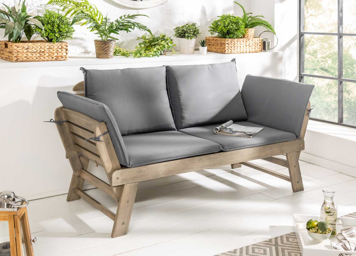Banc de jardin en bois acacia grisé avec coussin
