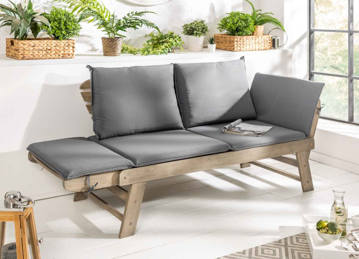 Banc de jardin en bois acacia grisé avec coussin