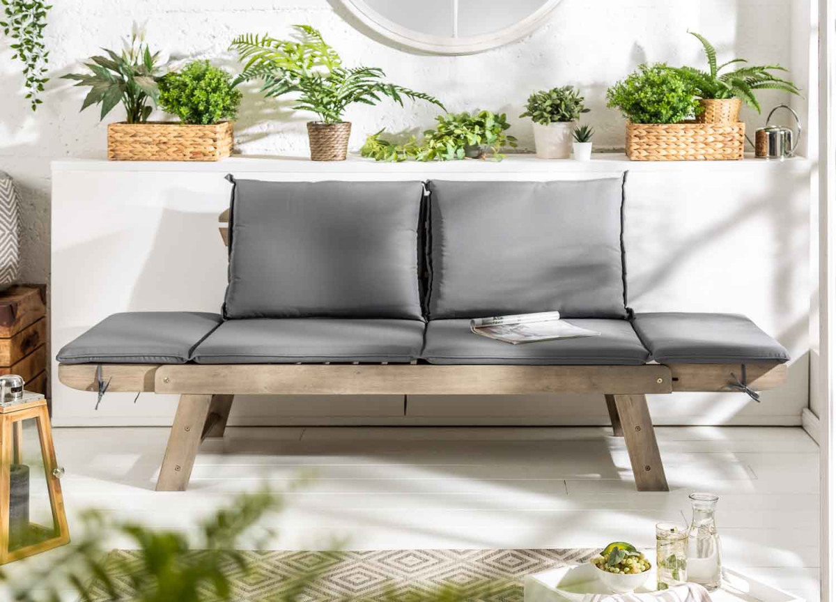 Banc de jardin en bois acacia grisé avec coussin