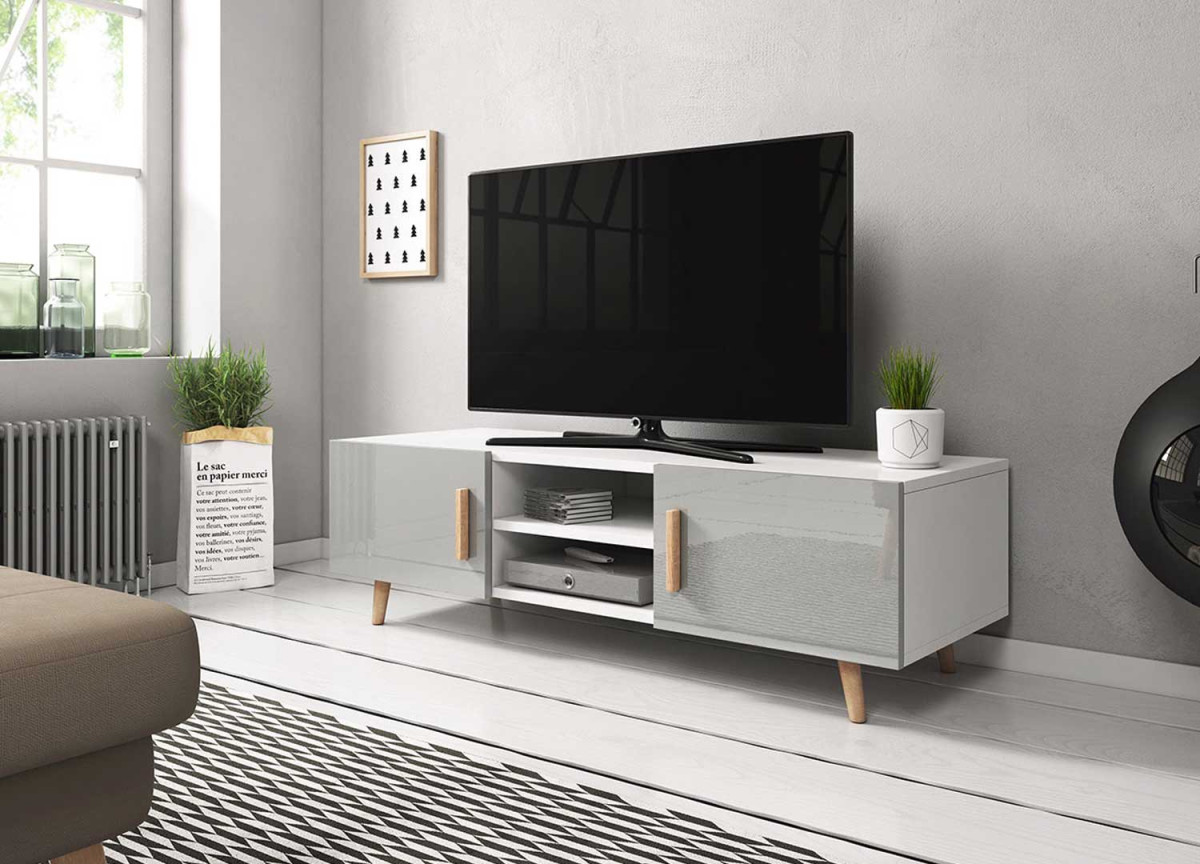 Meuble TV blanc et gris brillant moderne