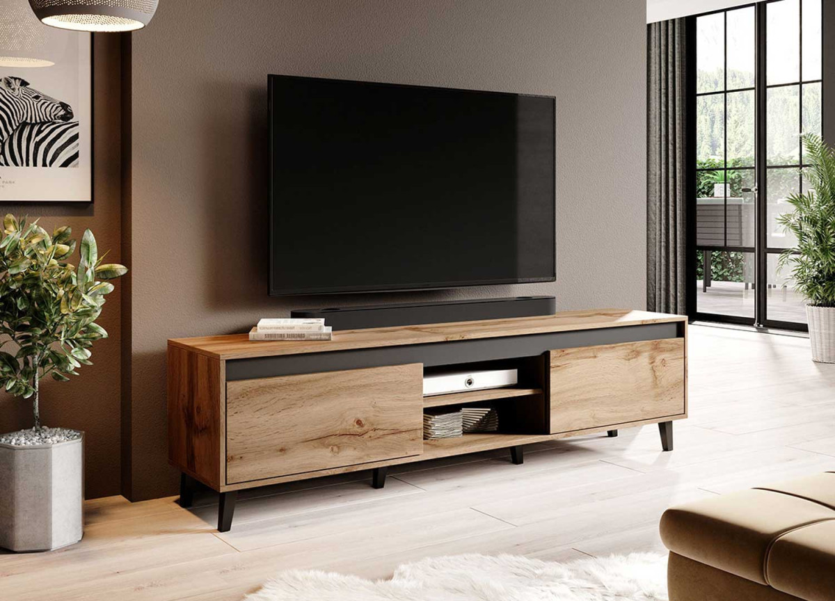 Meuble Télé moderne bois et gris 170 cm pour salon