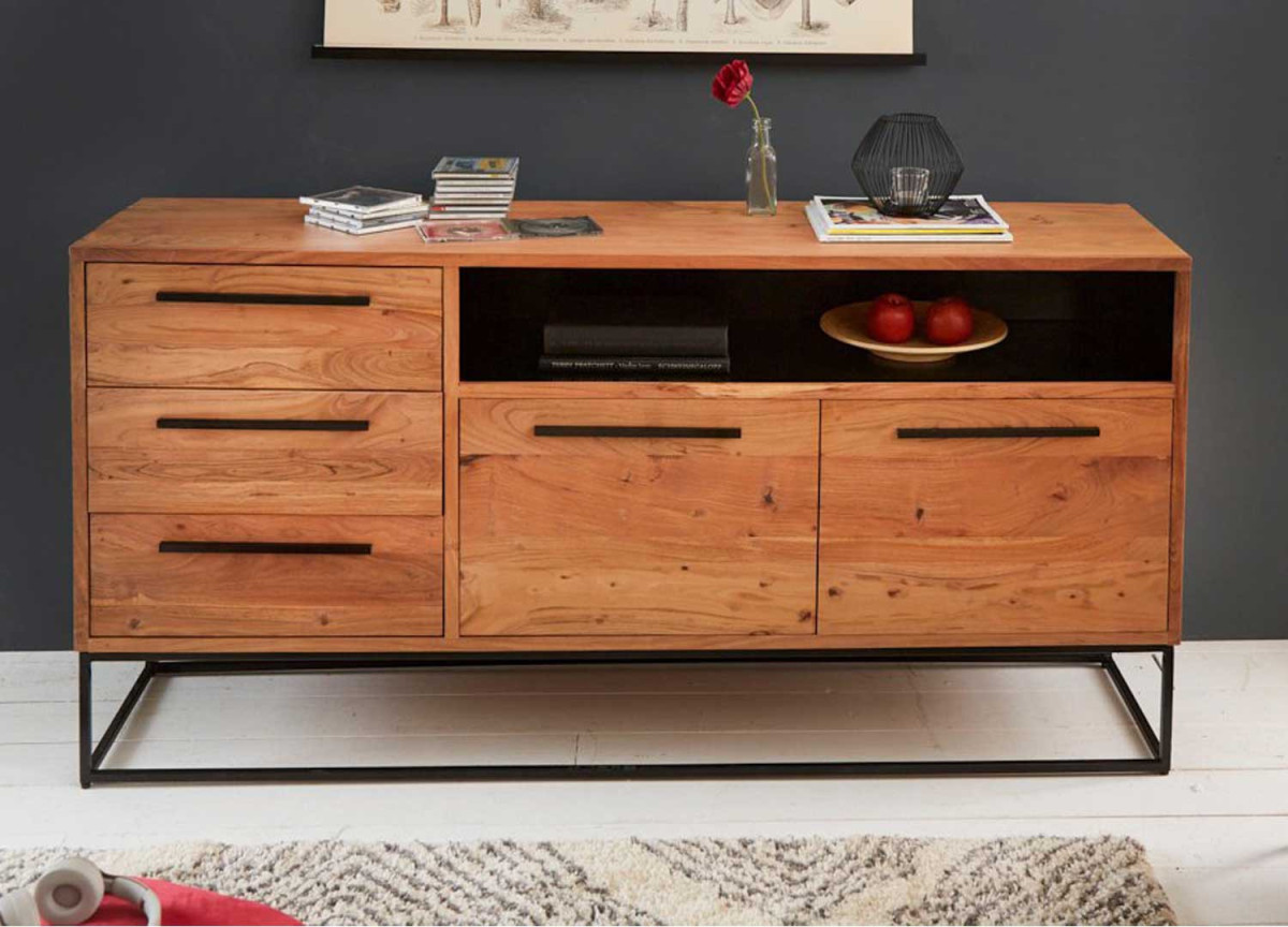 Buffet en bois massif d'acacia et acier noir