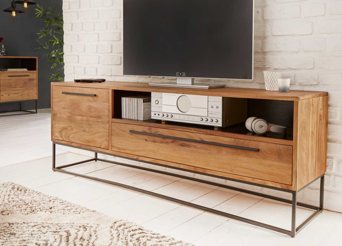 Meuble télé en bois massif et métal noir 165 cm