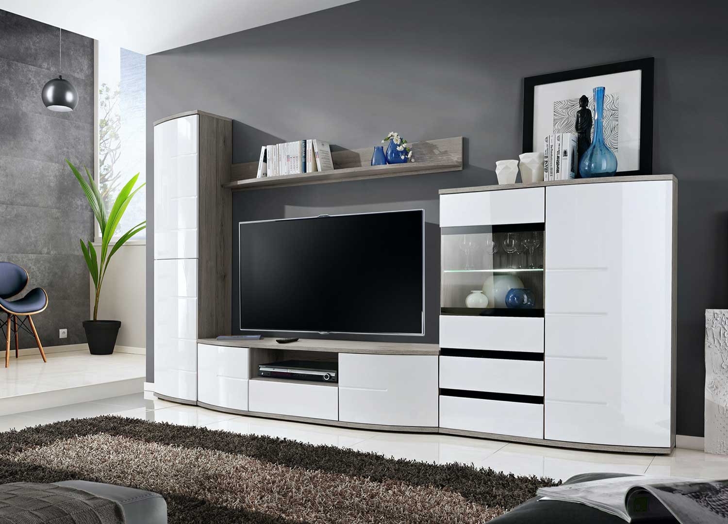 Meuble TV Blanc & Vitrine Murale LED pour salon
