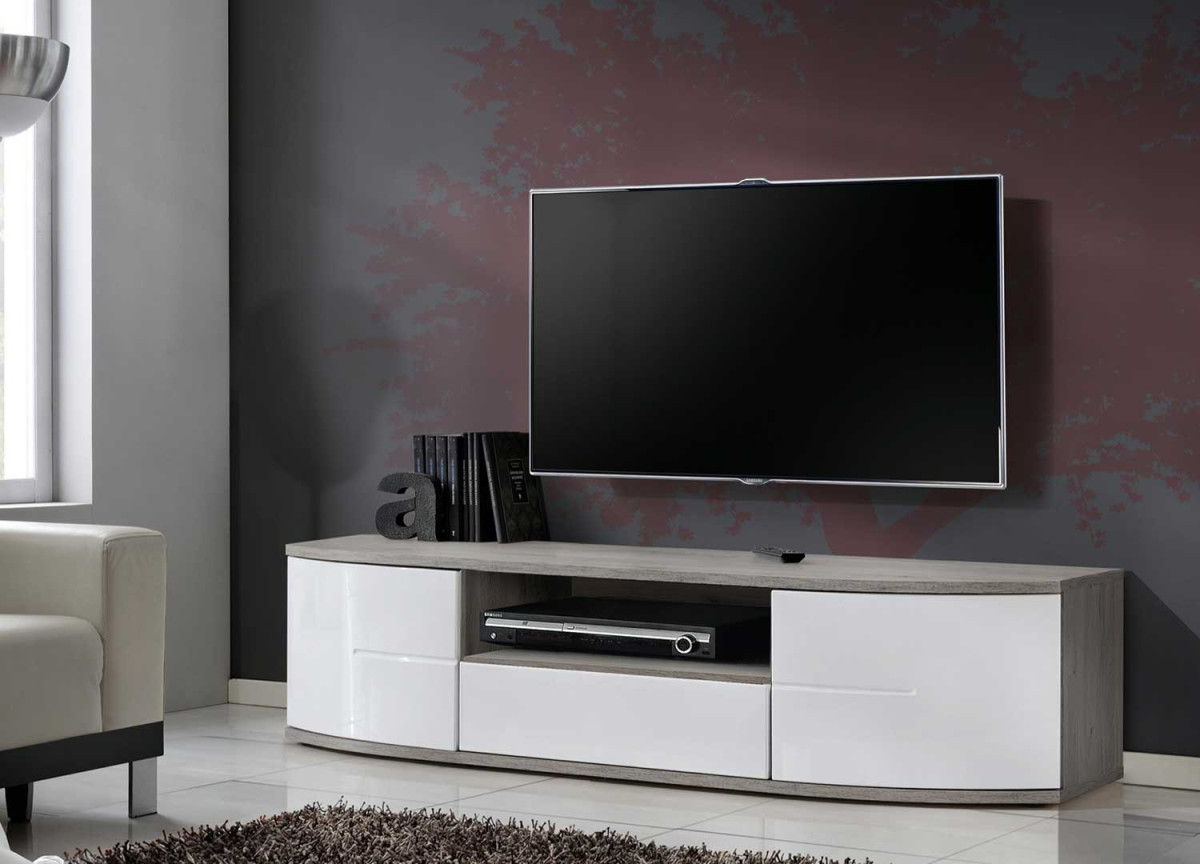 Meuble Bas TV Blanc Laqué et Bois 1m50