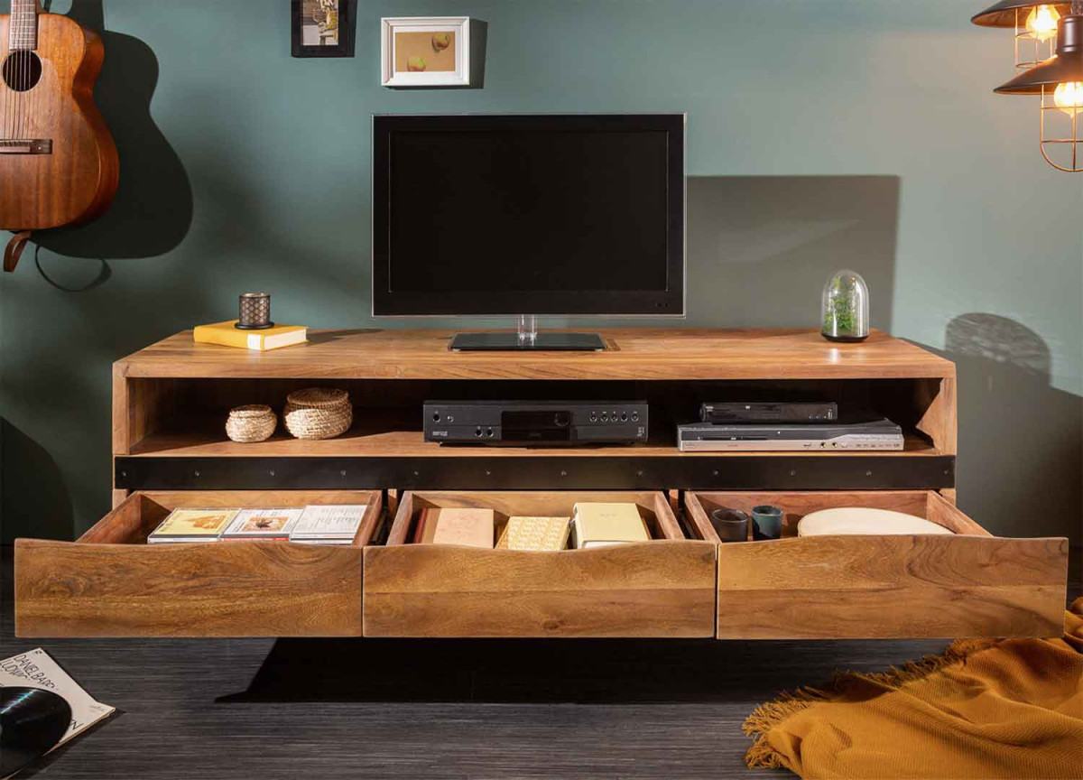 Meuble TV moderne en bois d'Acacia et métal