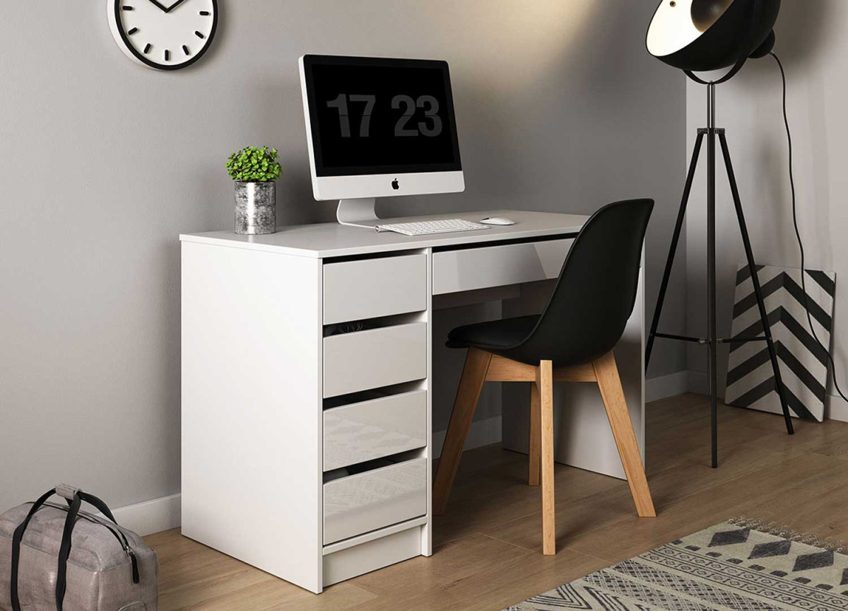Meuble bureau moderne blanc 5 tiroirs
