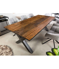 Table bois recyclé brun piétement en X métal noir