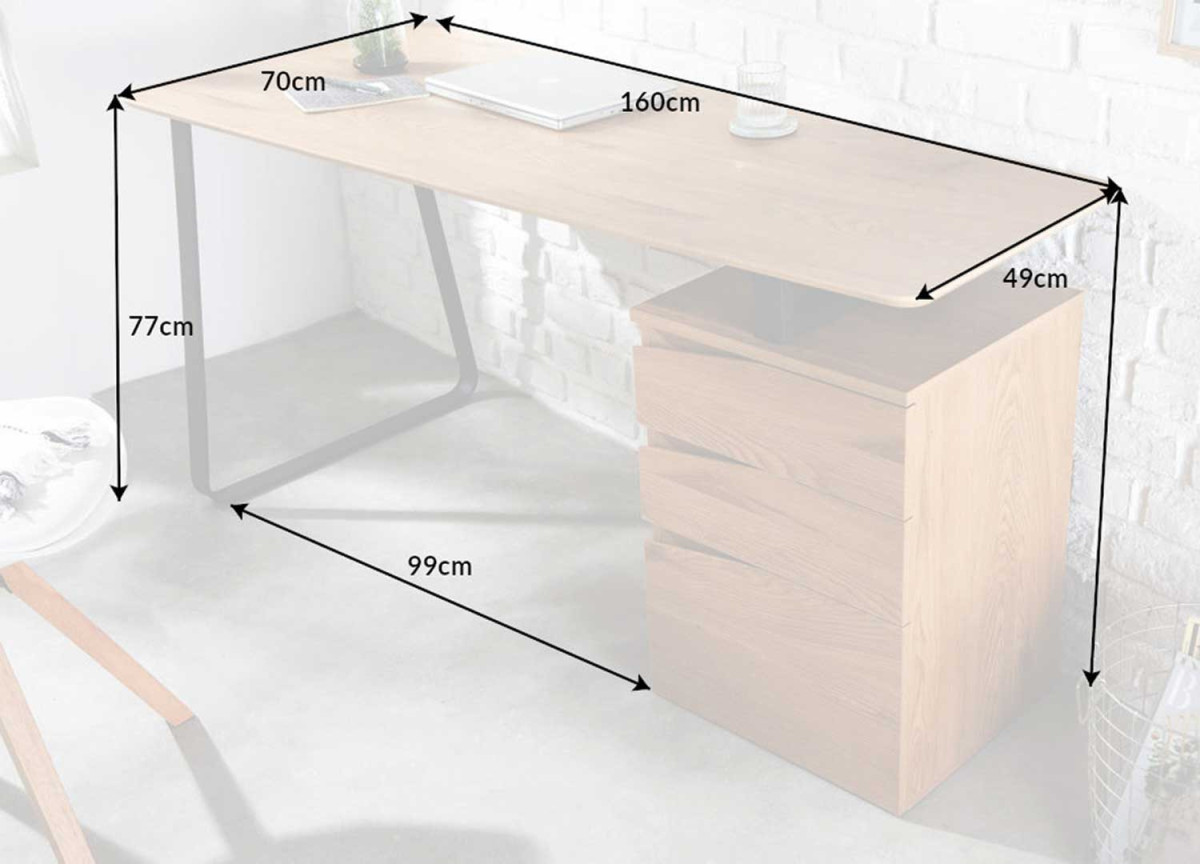Bureau design 160 cm avec caisson 3 tiroirs
