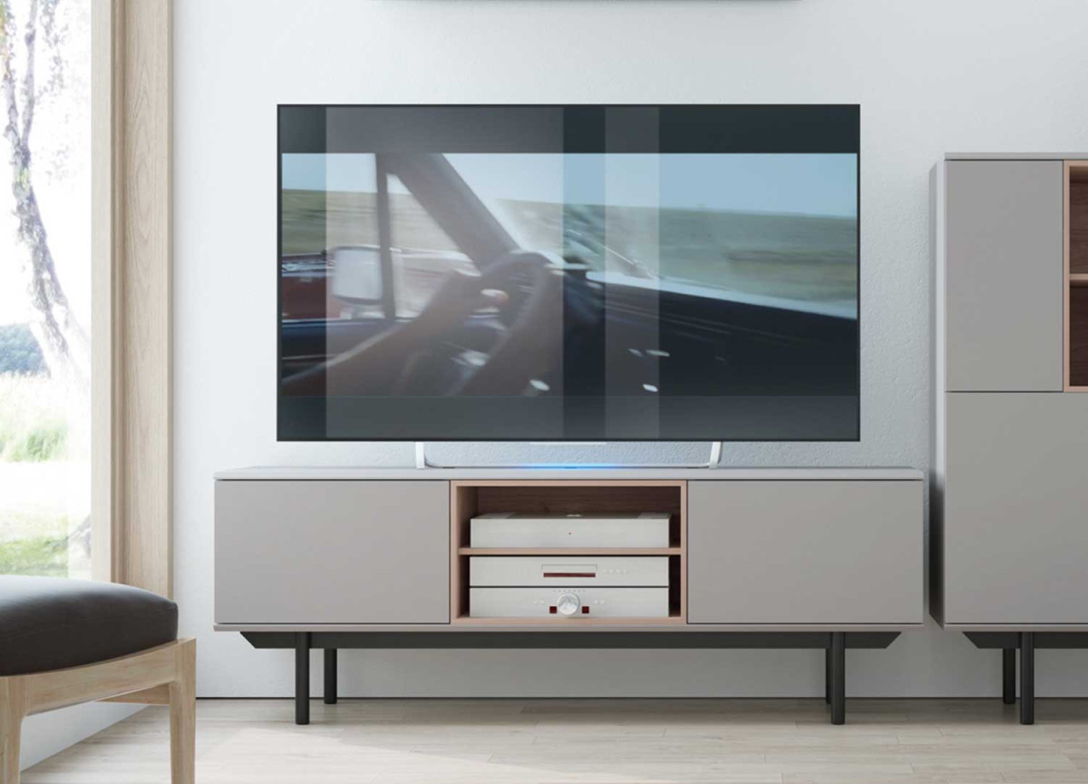 Meuble TV bas gris et bois scandinave