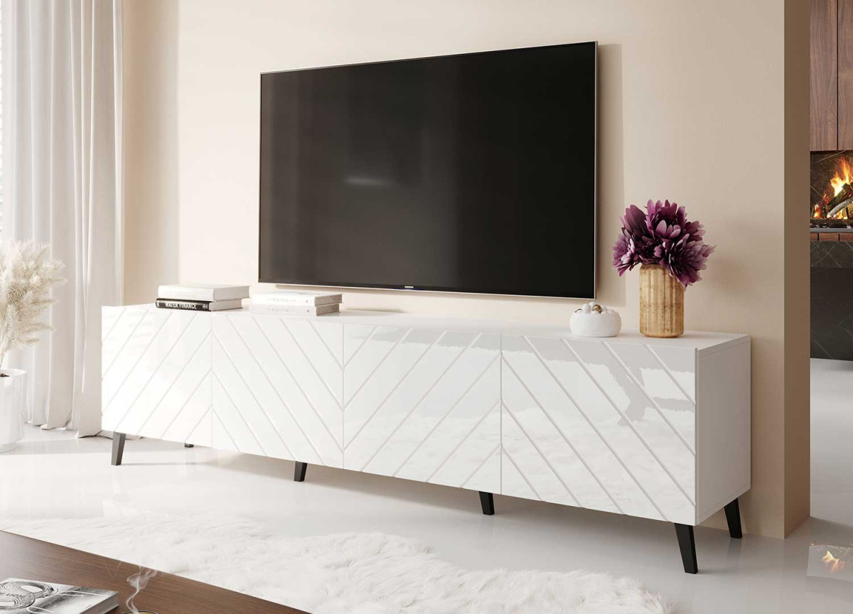 Meuble TV moderne blanc laqué 200 cm