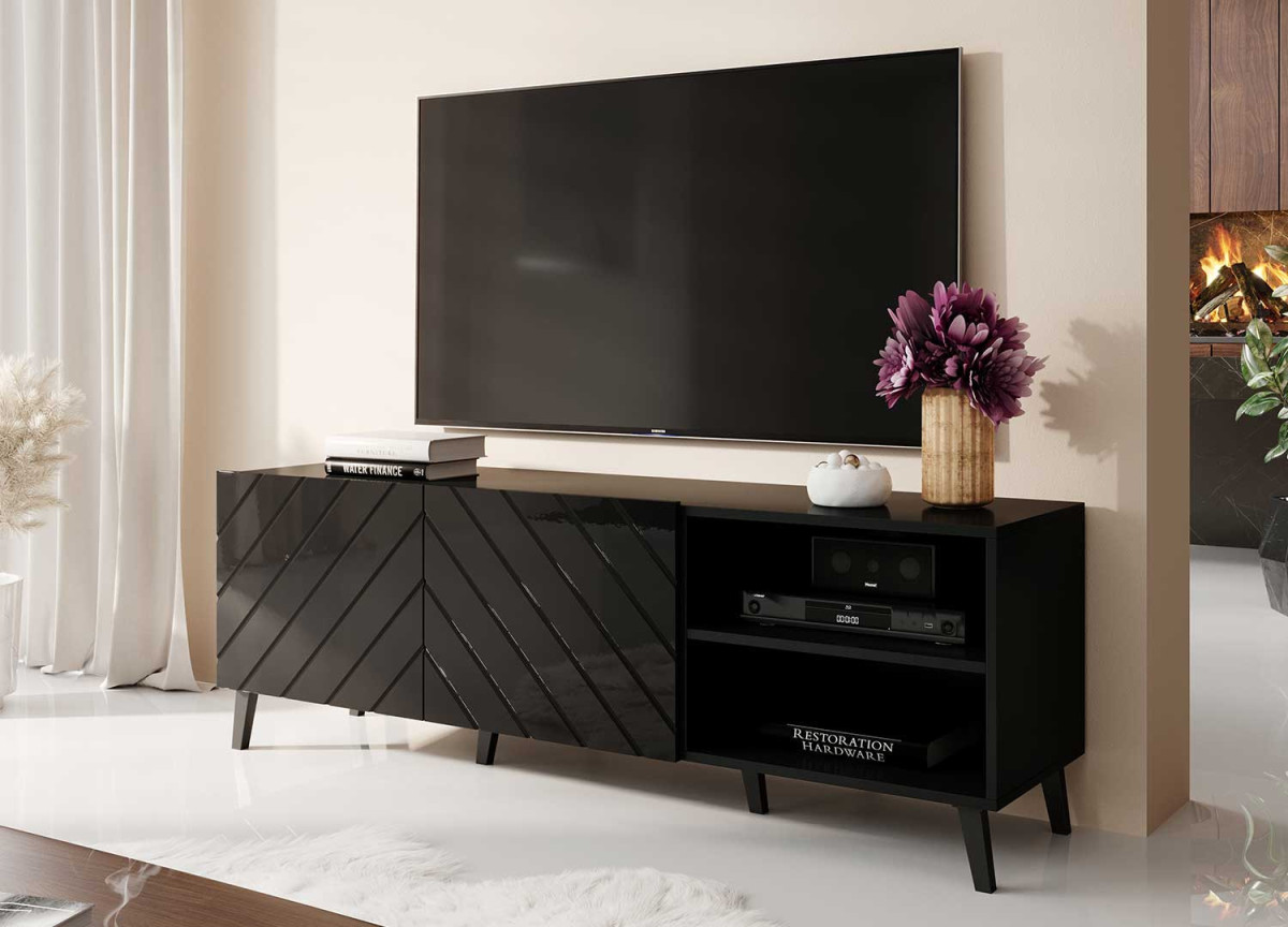 Meuble TV moderne noir laqué 150 cm