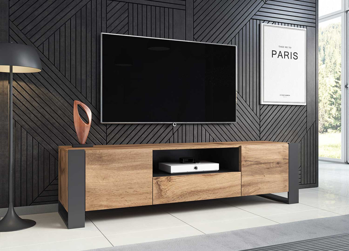 Meuble TV moderne finition chêne et gris