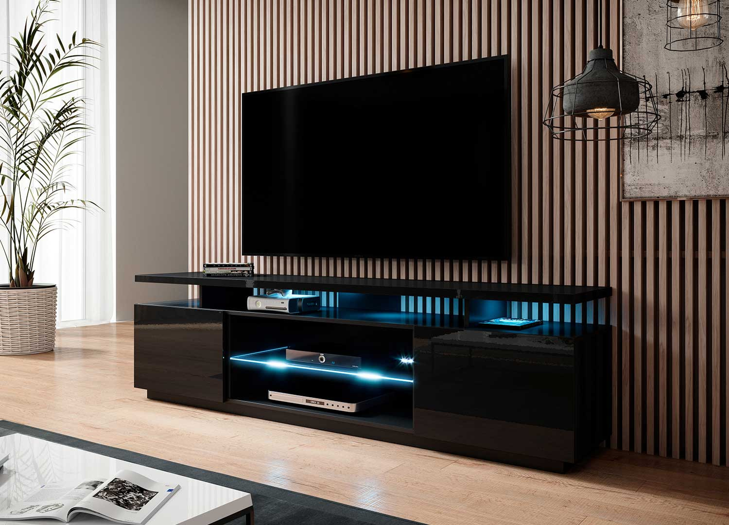 Meuble TV noir moderne 180 cm pour salon