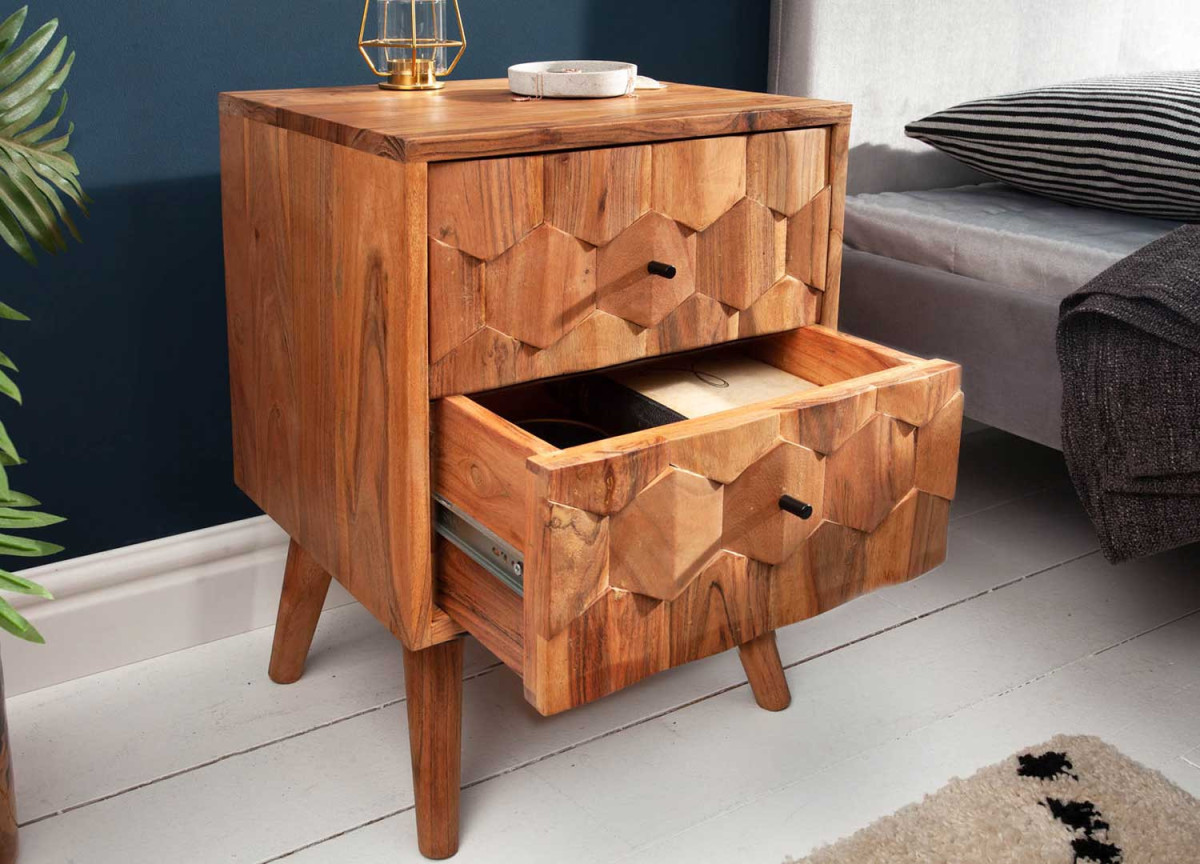 Table de nuit en bois d'acacia avec 2 tiroirs
