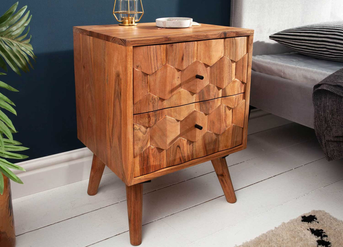 Table de nuit en bois d'acacia façades en relief